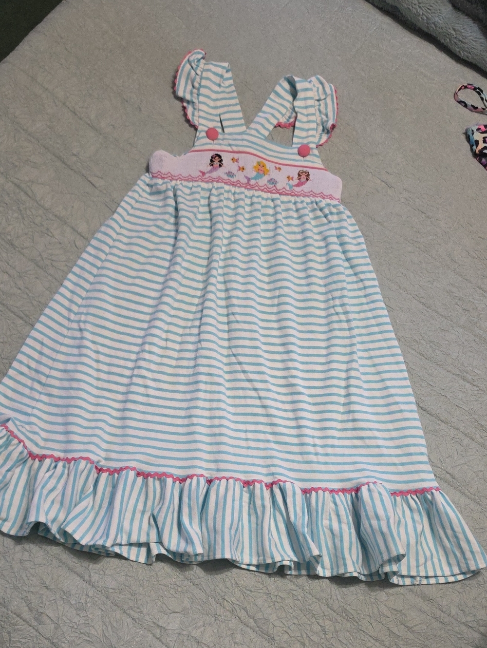 Girls' Blue & White Striped Ruffle Sundress with Pink Trim